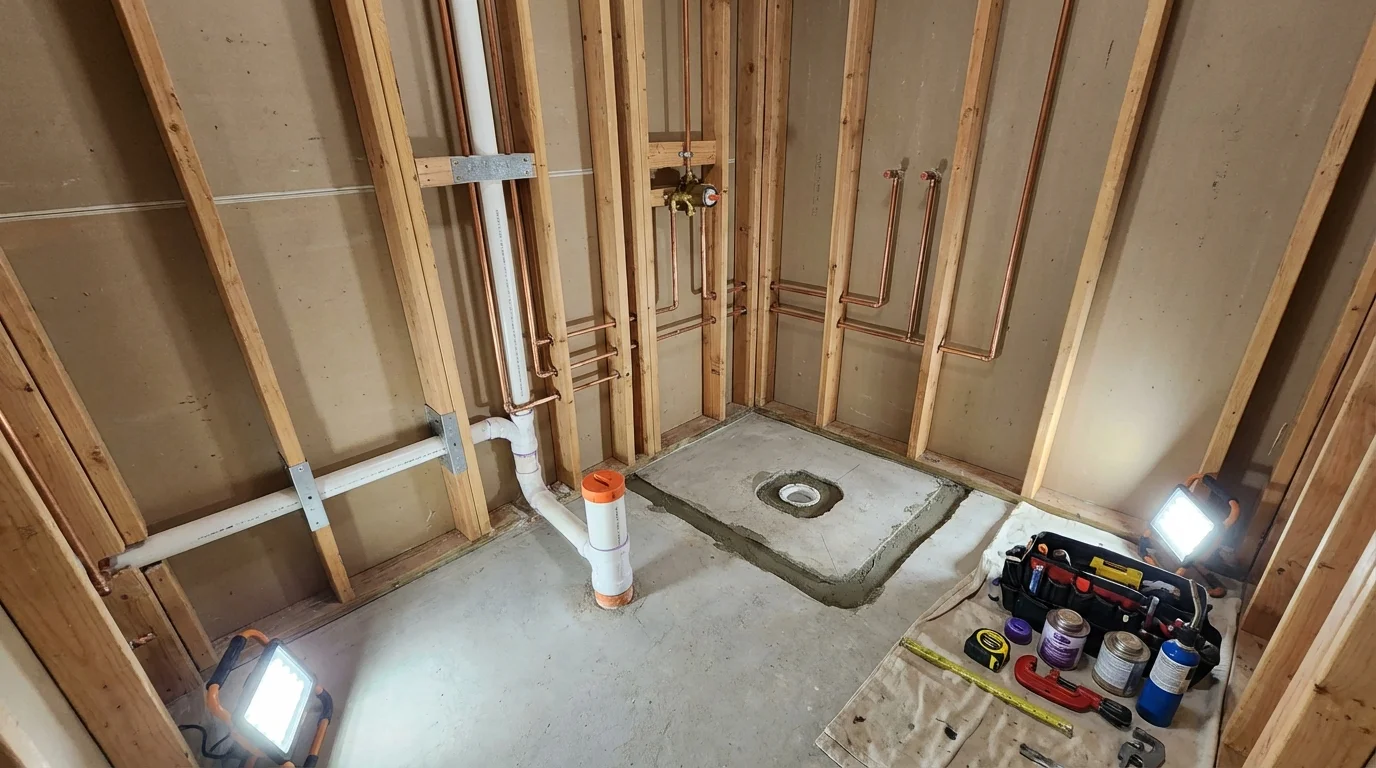 Bathroom rough-in plumbing during remodel by Johns Plumbing LLC in Plain City