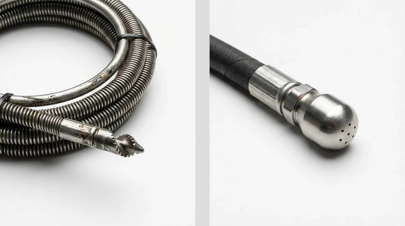 Drain snake cable and hydro jetting nozzle used for drain cleaning in Plain City, OH