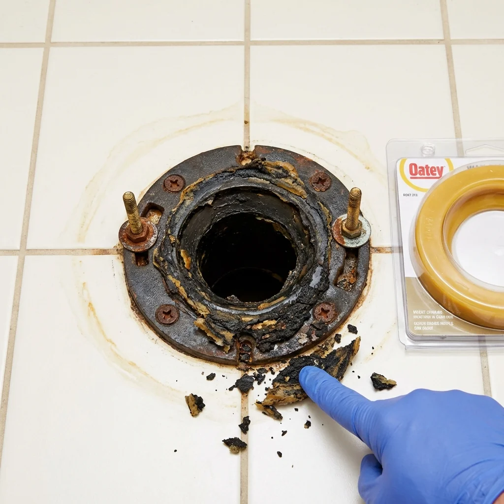 Failed wax ring showing water seepage at the base of a toilet in a Plain City, OH home
