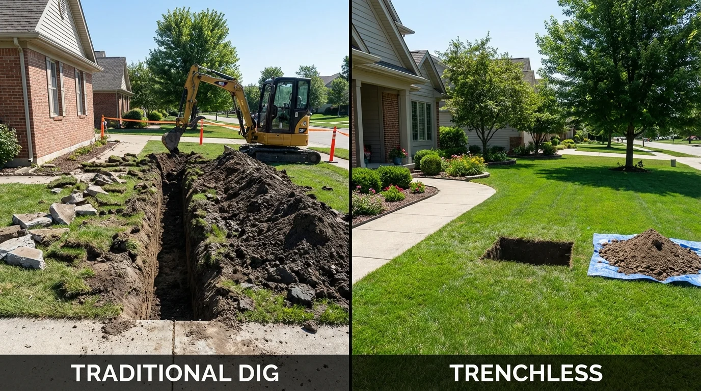Trenchless sewer repair with minimal yard damage versus traditional excavation in Plain City, OH